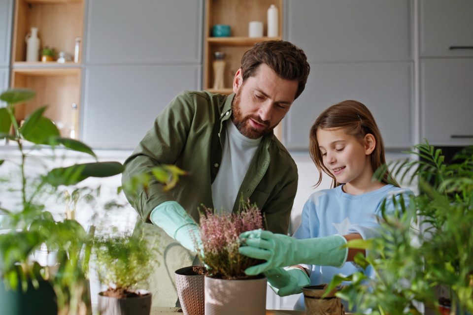 A father and daughter potting plants in their kitchen